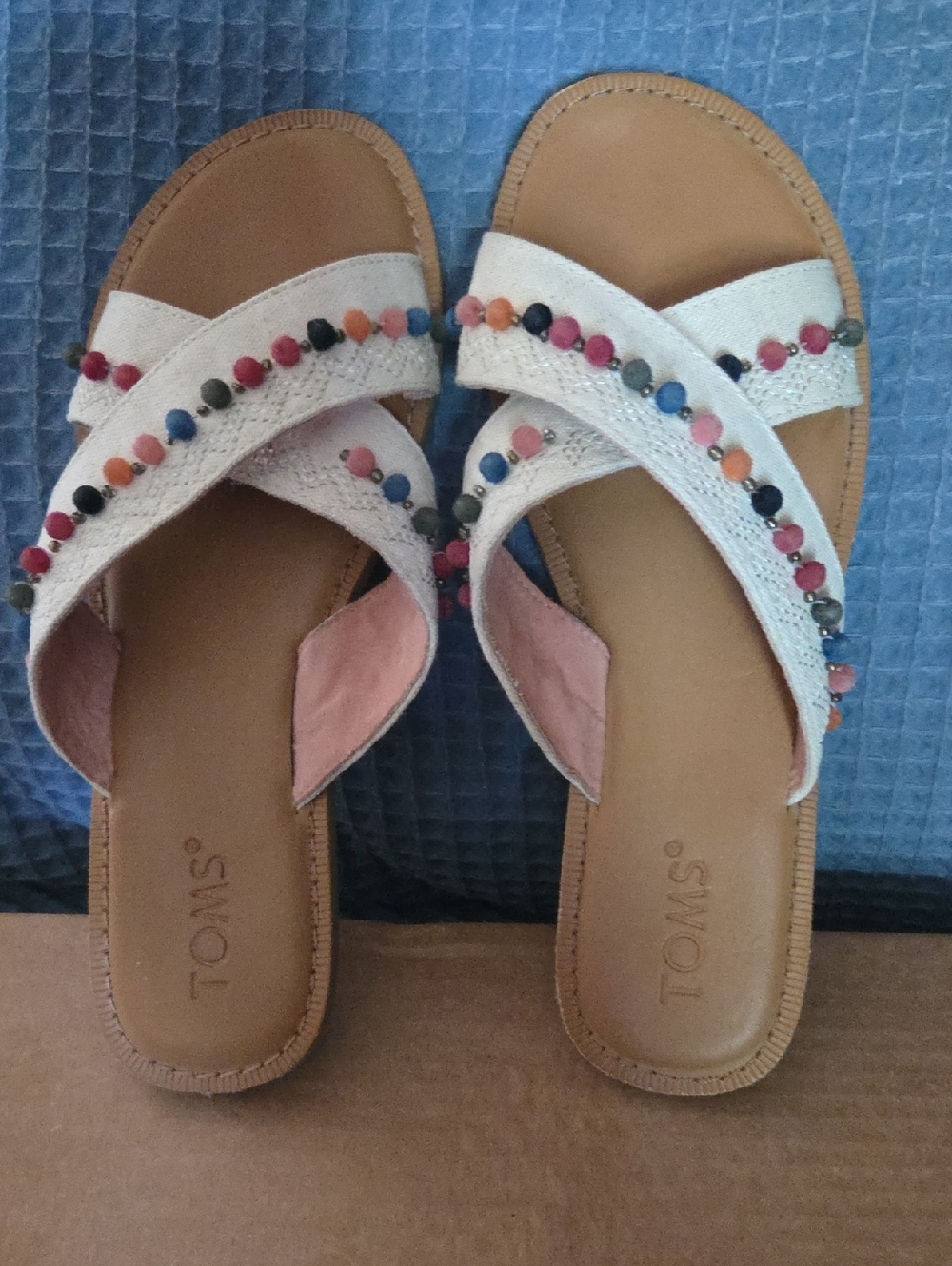 TOMS Beige Crisscross Beaded Strap Sandals for Women - Picture 2 of 4